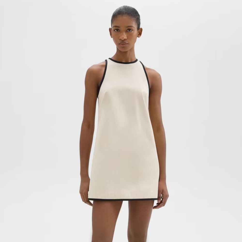 Theory Shift Dress in Organic Cotton — Beige Dress with Black Trim